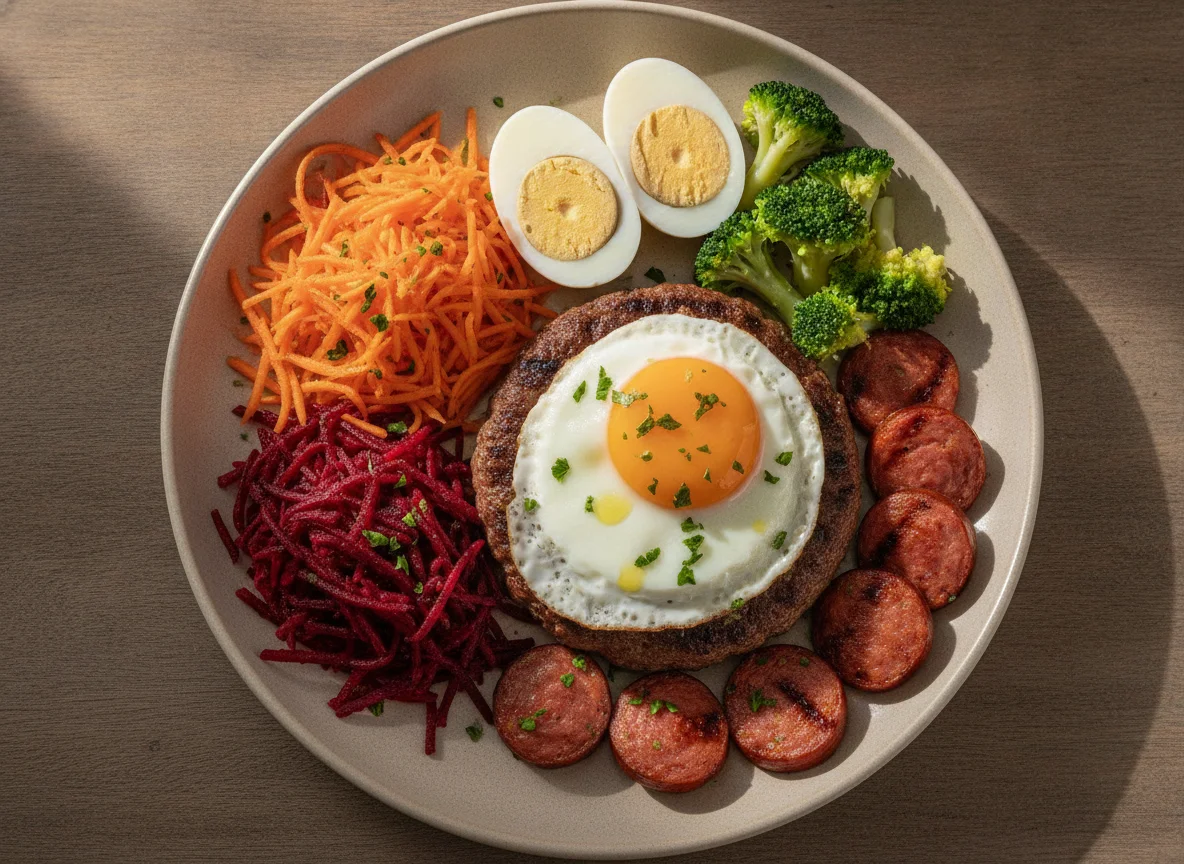 Prato de Hambúrguer com Ovo e Salada photo