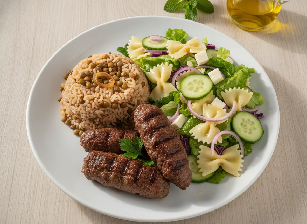 Prato de Kafta com Arroz, Lentilha e Salada de Macarrão photo