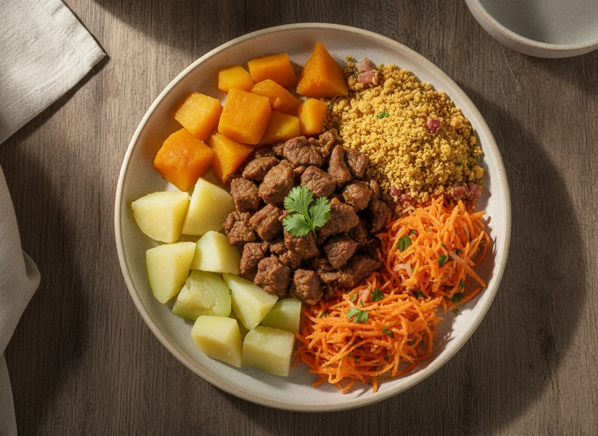 Prato de legumes cozidos com farofa e cenoura ralada photo