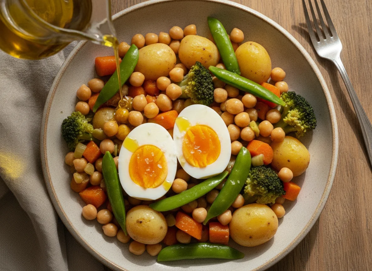 Prato de legumes cozidos com ovo e grão-de-bico photo