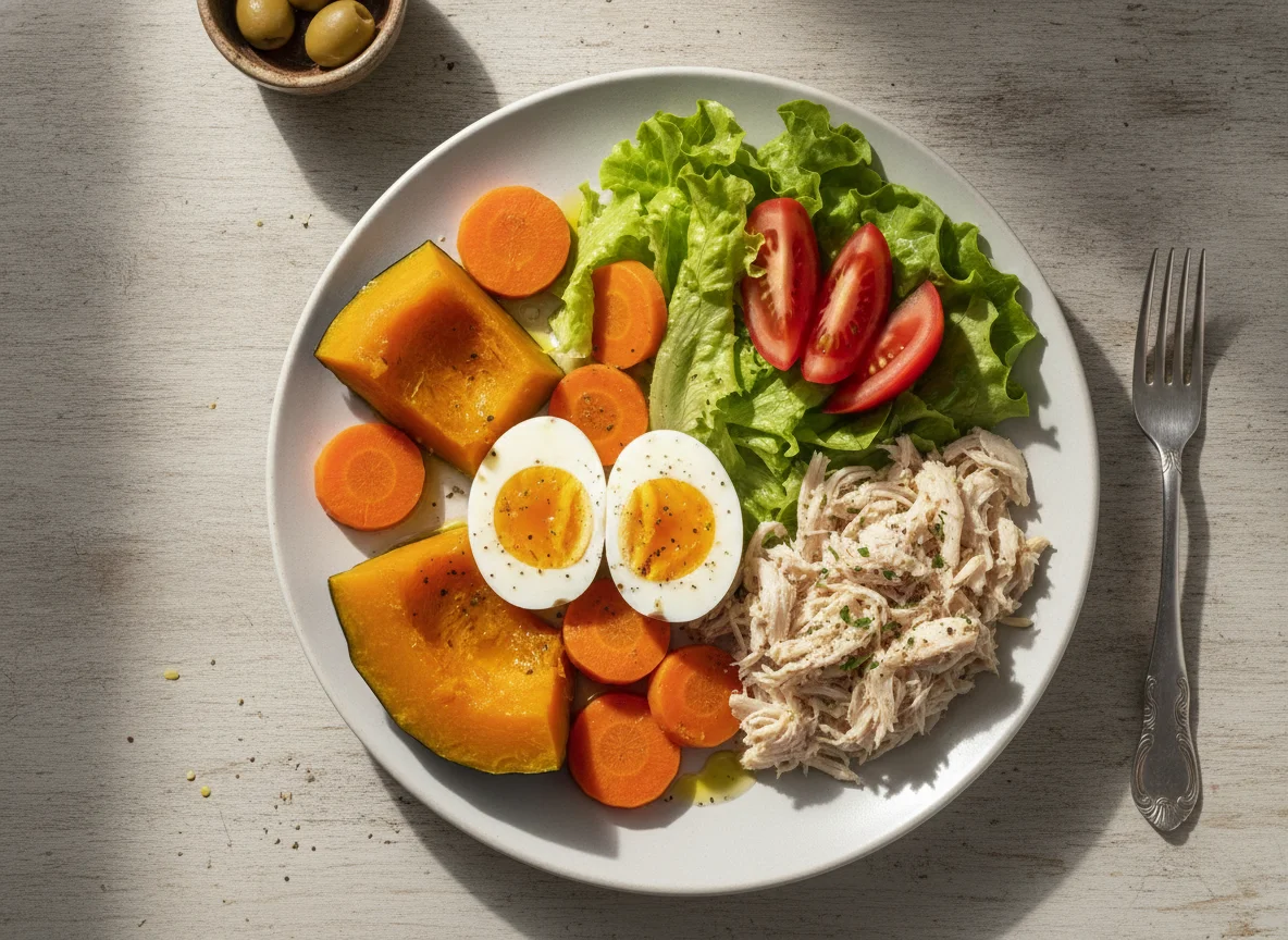 Prato de legumes cozidos com ovo e salada photo