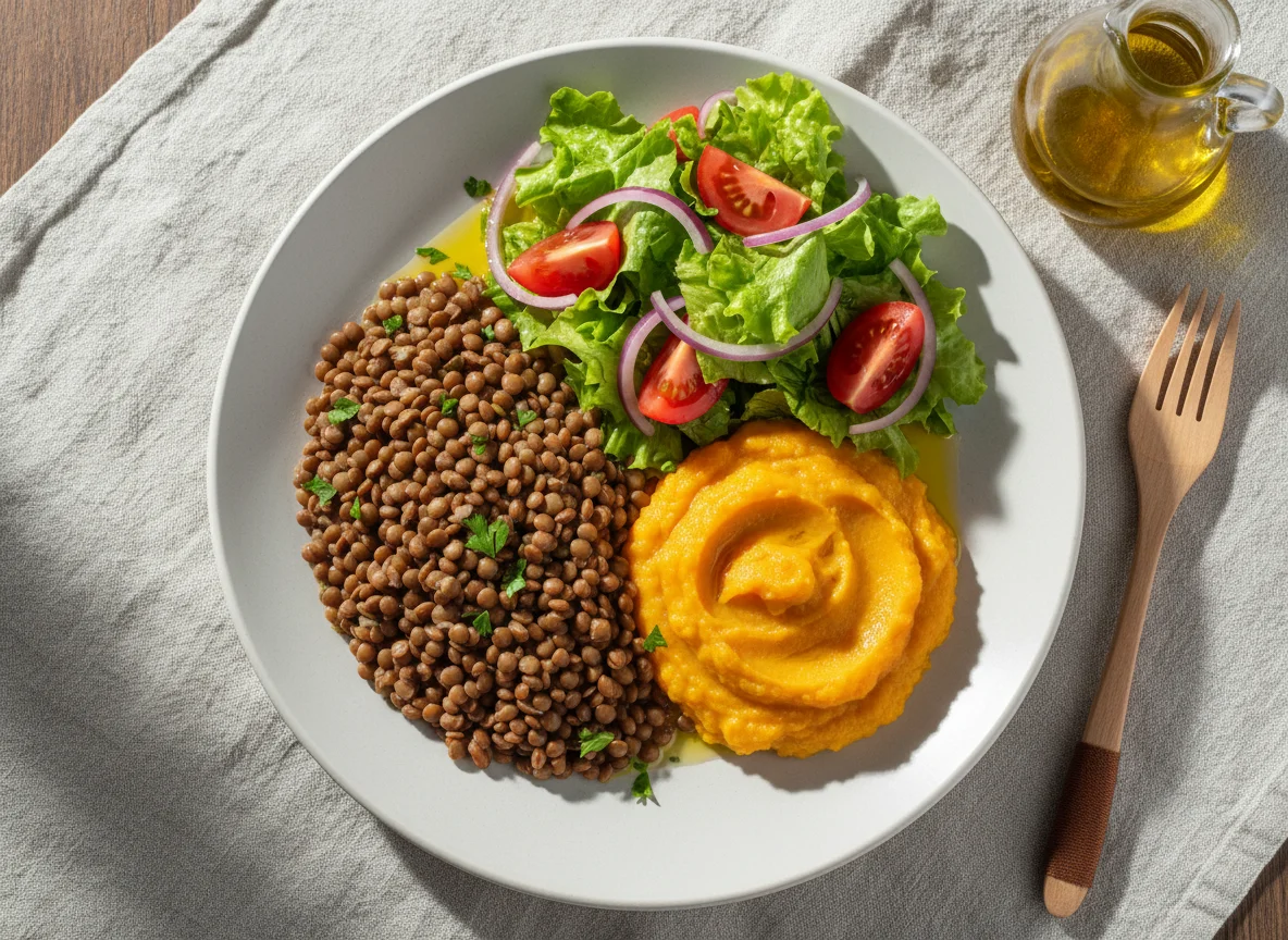 Prato de Lentilha com Purê de Abóbora e Salada photo