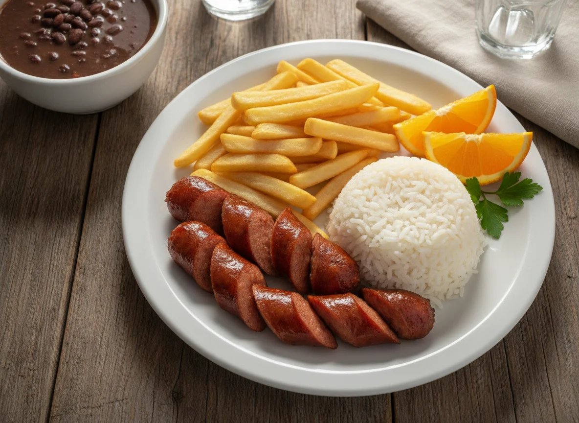 Prato de linguiça, batatas fritas e arroz photo