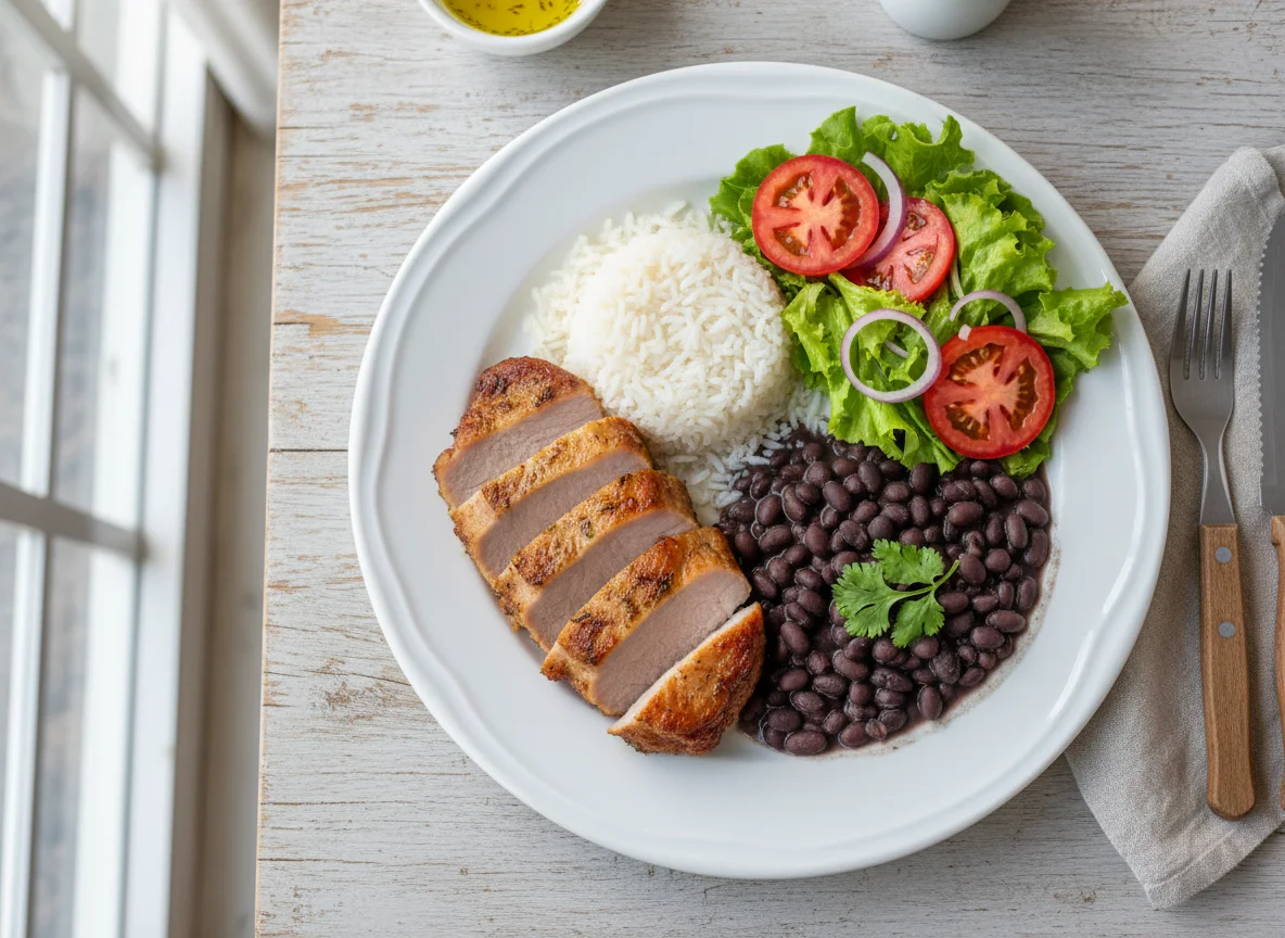 Prato de Lombo Suíno com Arroz, Feijão e Salada photo
