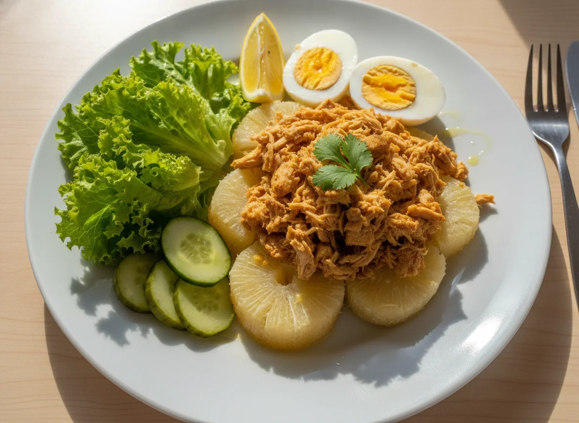 Prato de mandioca com frango desfiado, ovo e salada photo