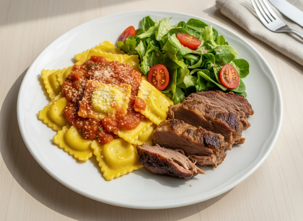 Prato de massa com carne e salada photo