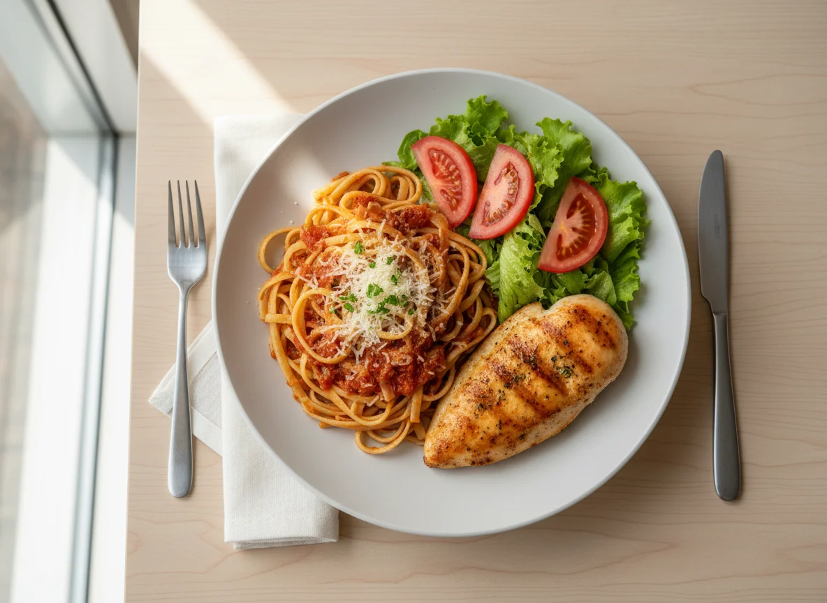 Prato de massa com frango e salada photo