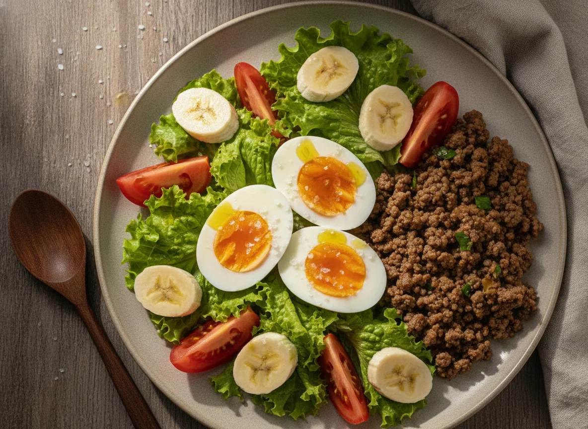 Prato de Ovos Cozidos com Salada, Banana e Carne Moída photo