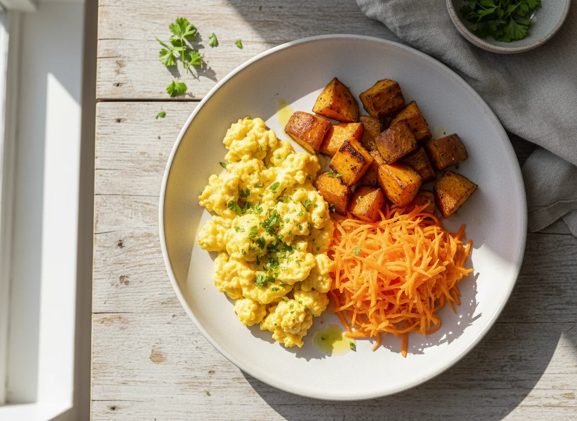 Prato de ovos mexidos, batata doce e cenoura ralada photo