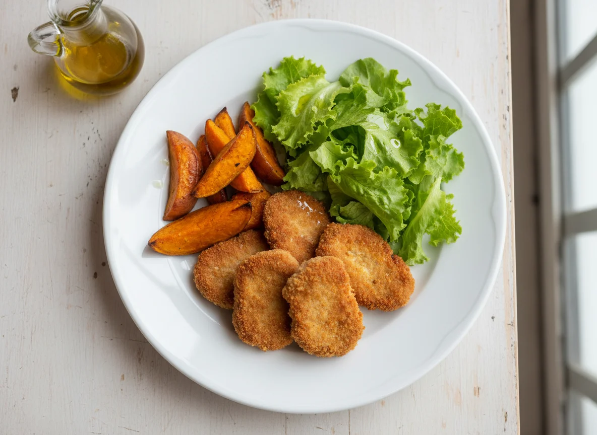 Prato de panados com batata-doce e salada photo