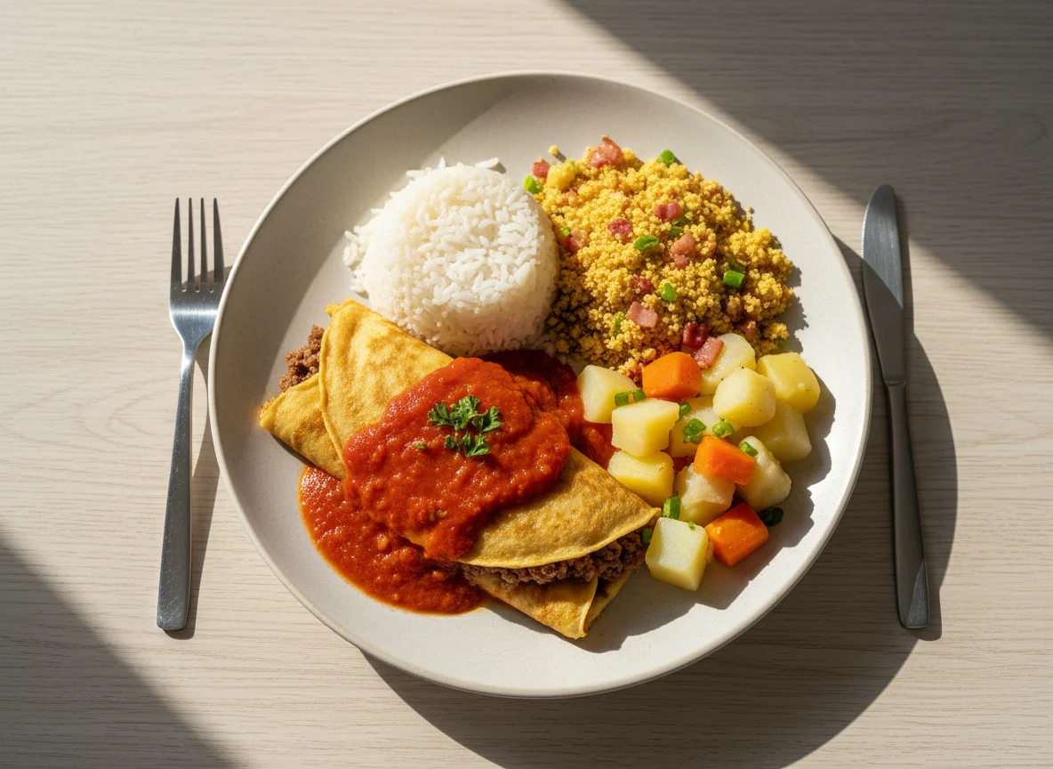 Prato de panqueca com arroz, farofa e legumes photo