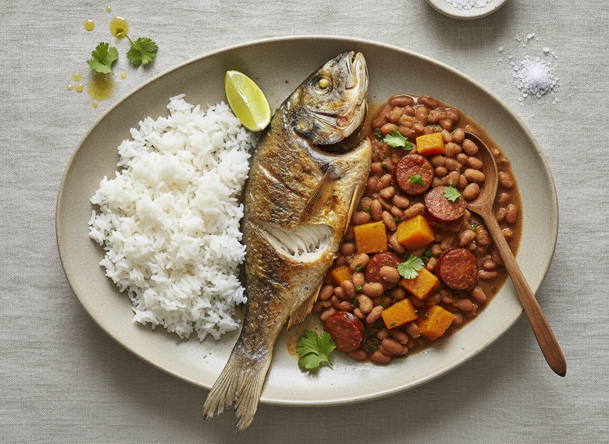 Prato de peixe assado com arroz e feijão guisado photo