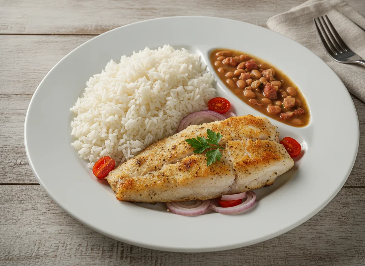 Prato de peixe com arroz e feijão photo