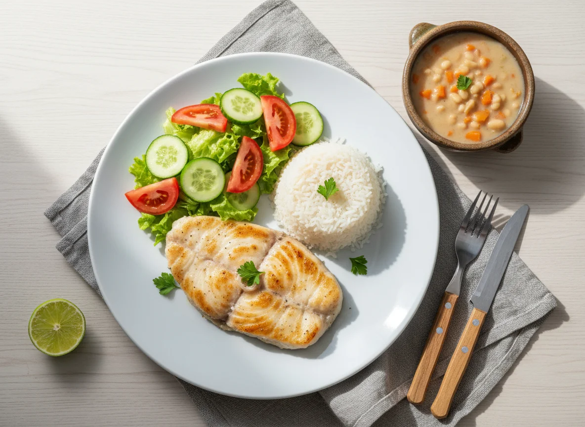 Prato de peixe com arroz e salada photo