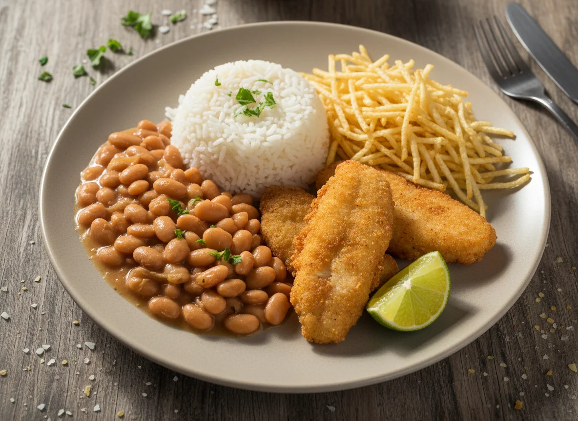 Prato de peixe com arroz, feijão e batata palha photo