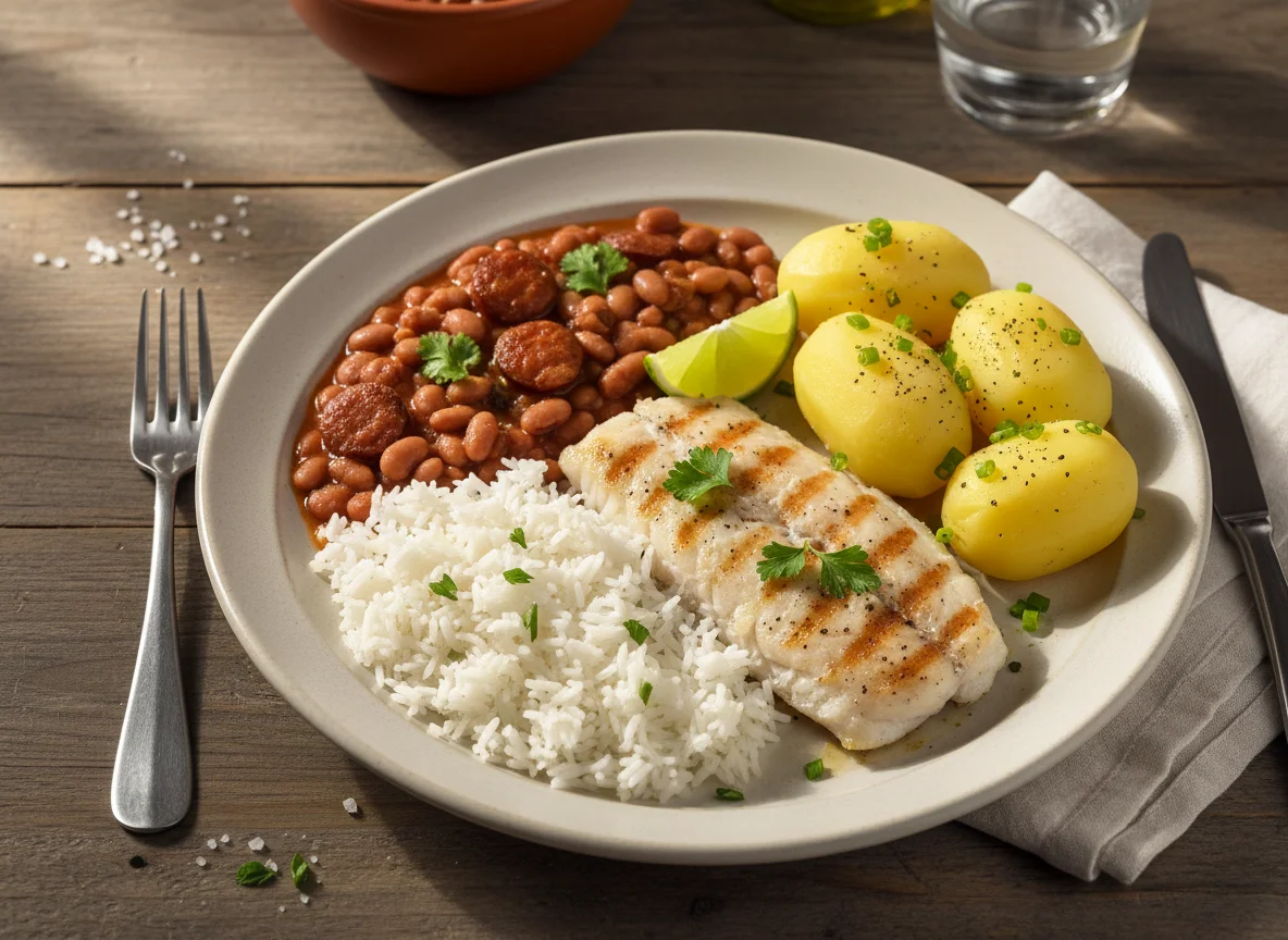 Prato de peixe com arroz, feijão e batatas photo