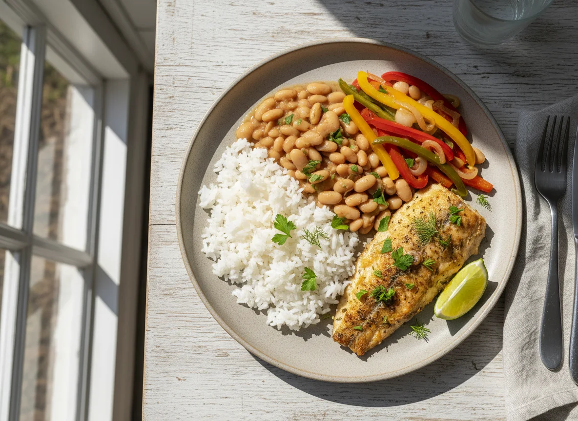 Prato de peixe com arroz, feijão e legumes photo