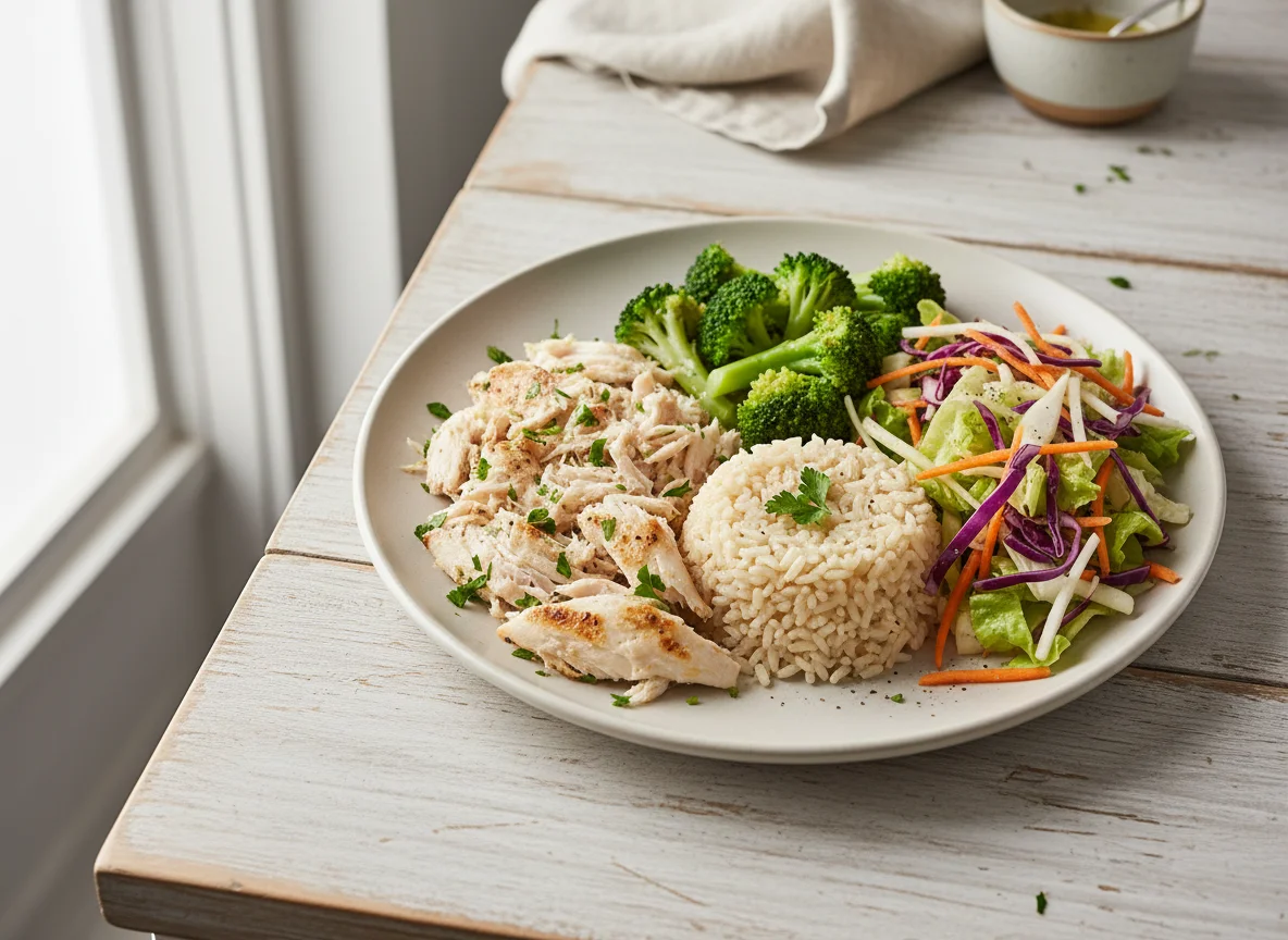 Prato de peixe com brócolis, arroz integral e salada photo