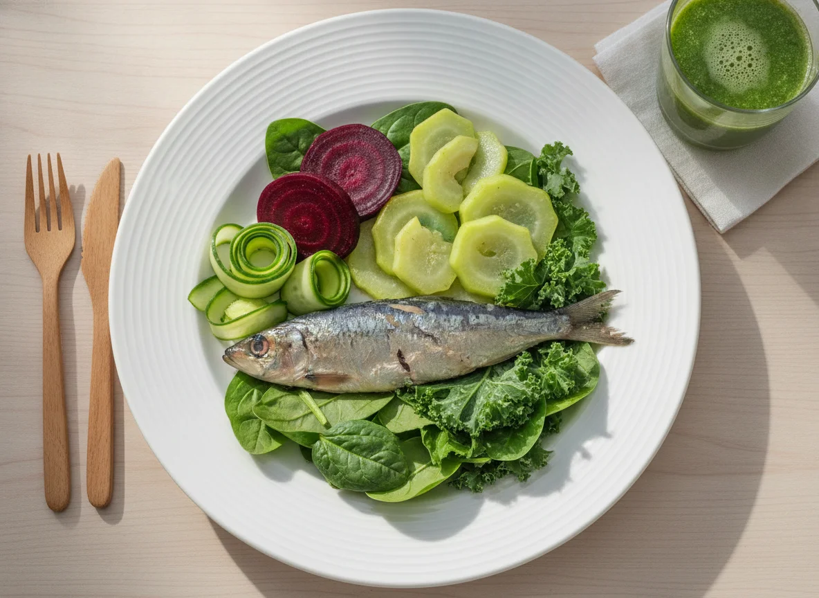 Prato de Peixe com Legumes e Suco Verde photo