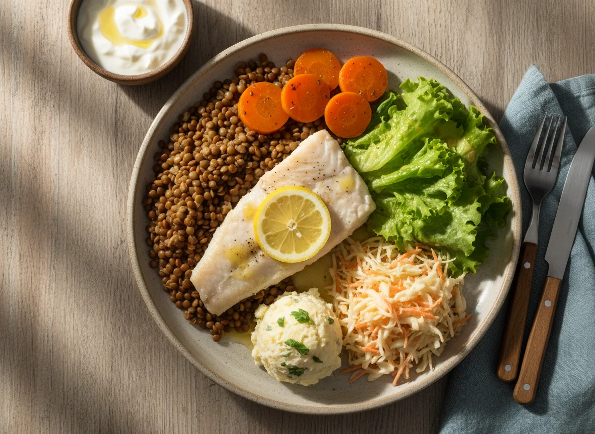 Prato de peixe com lentilhas e cenouras, salada e acompanhamentos photo