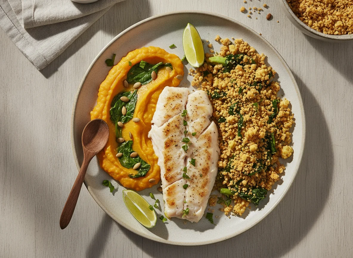 Prato de peixe com purê de abóbora e farofa photo