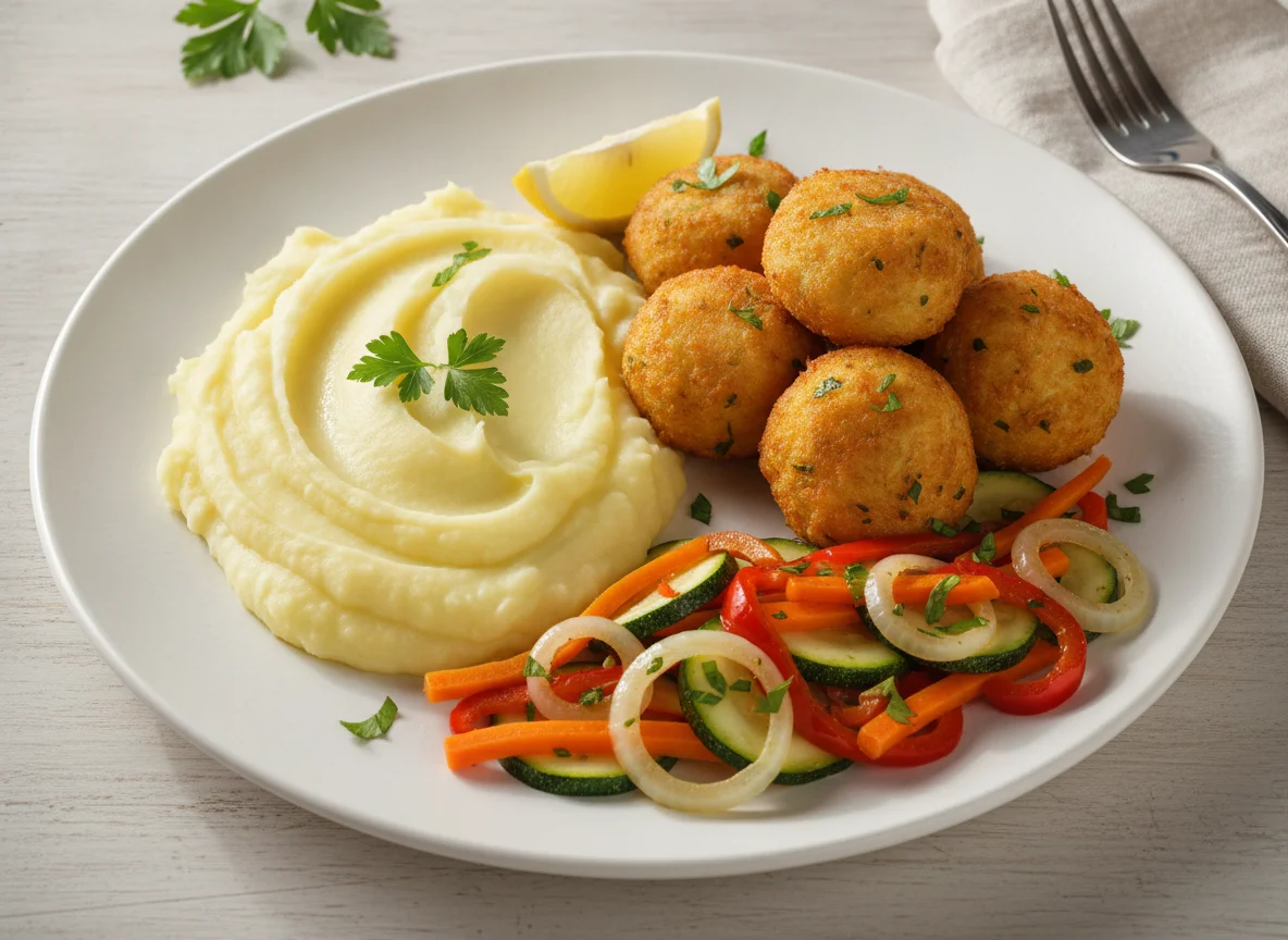 Prato de peixe com puré de batata e legumes salteados photo