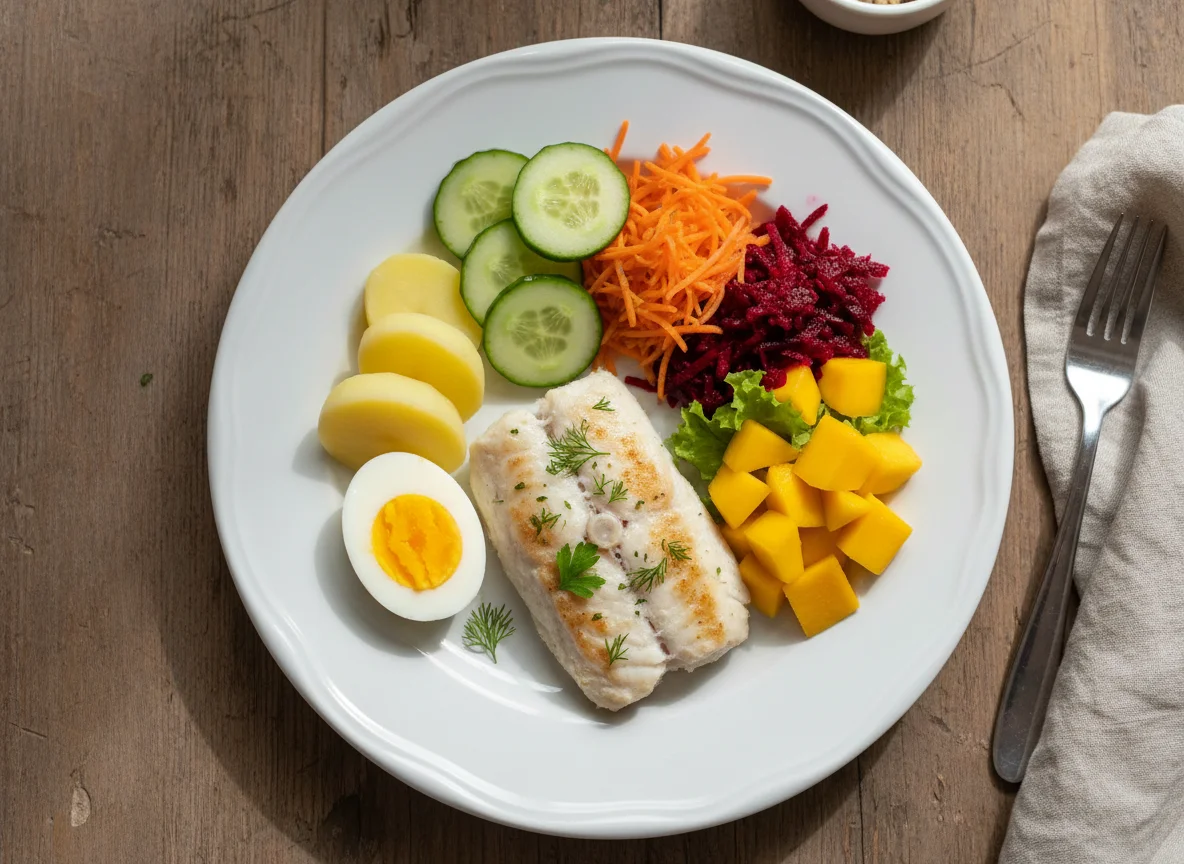 Prato de peixe com salada e ovo photo