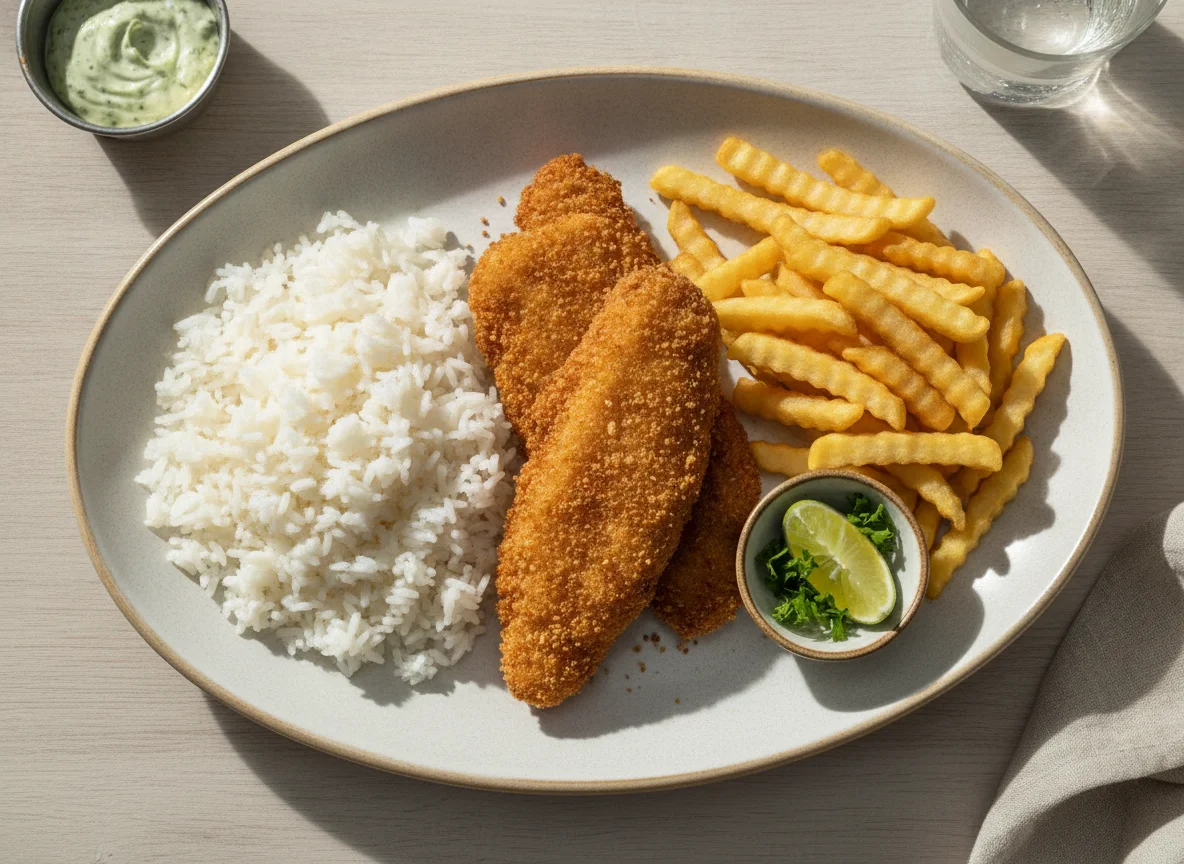 Prato de peixe empanado com arroz e batata frita photo