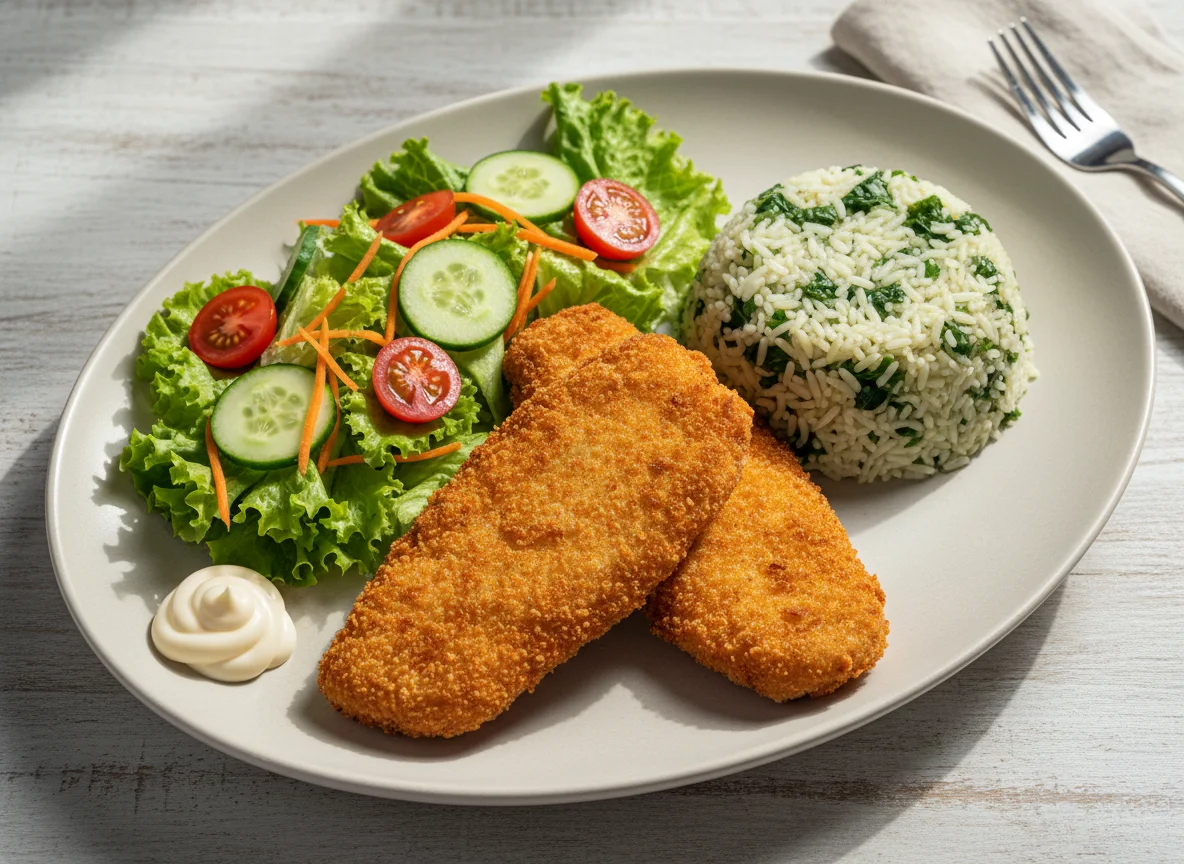 Prato de peixe empanado com arroz e salada photo