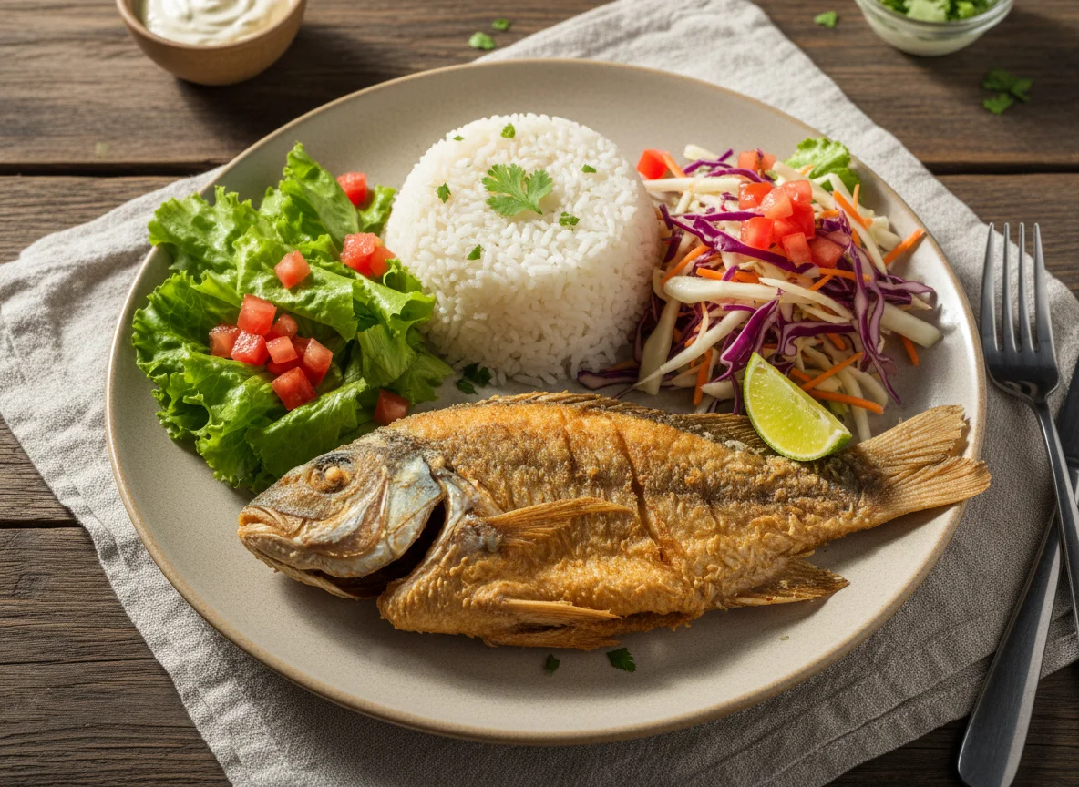 Prato de peixe frito com arroz e salada photo