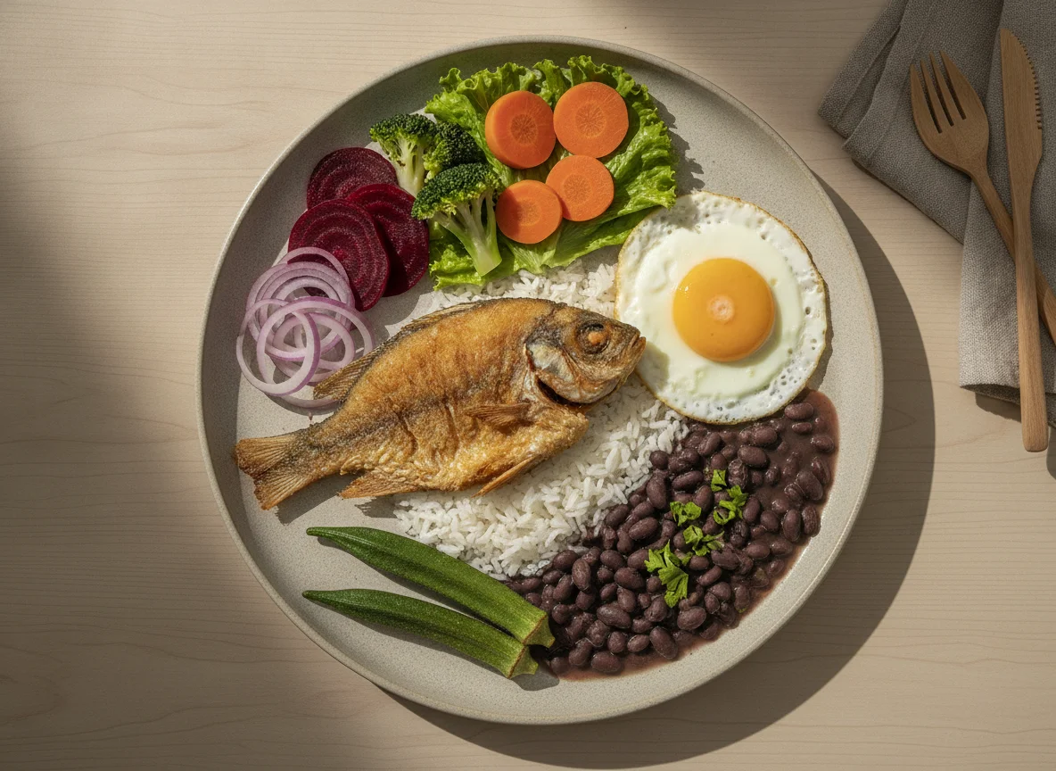 Prato de Peixe Frito com Feijão e Salada photo