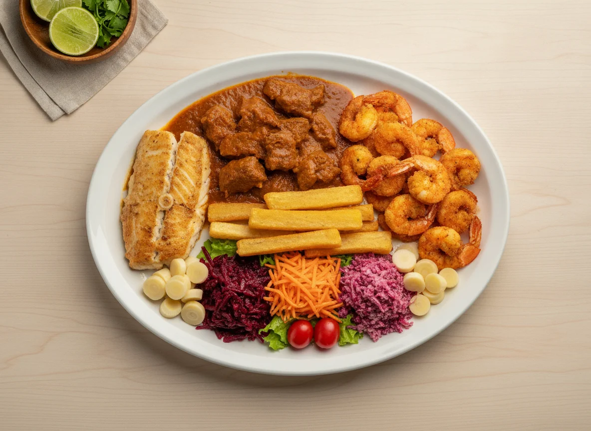 Prato de Peixe Grelhado, Carne ao Molho e Camarão photo