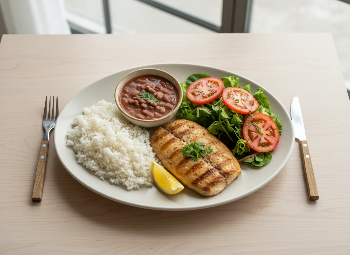 Prato de peixe grelhado com arroz, feijão e salada photo