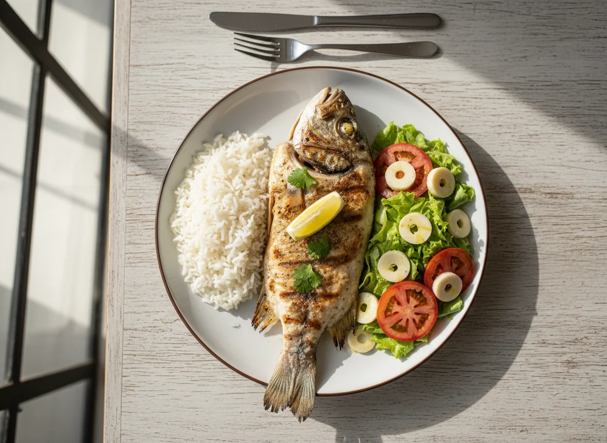 Prato de peixe grelhado com arroz, salada e palmito photo