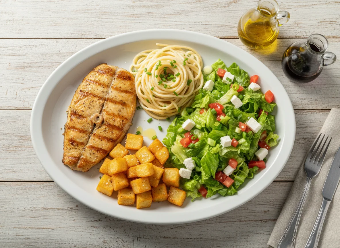Prato de peixe grelhado com massa e salada photo