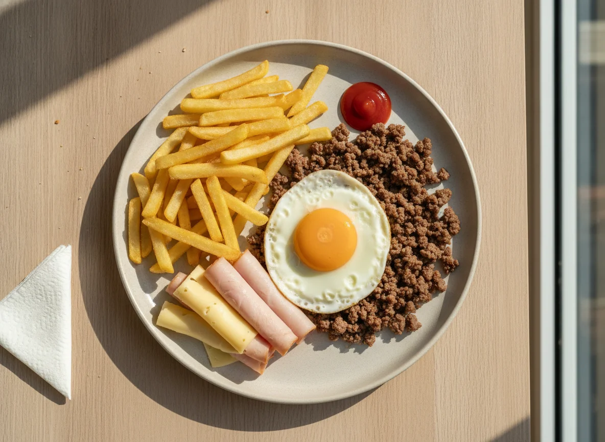 Prato de pequeno-almoço com ovo e carne photo