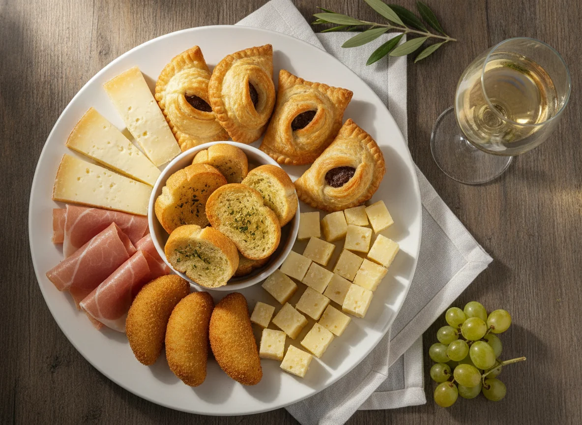 Prato de petiscos variados com vinho branco photo