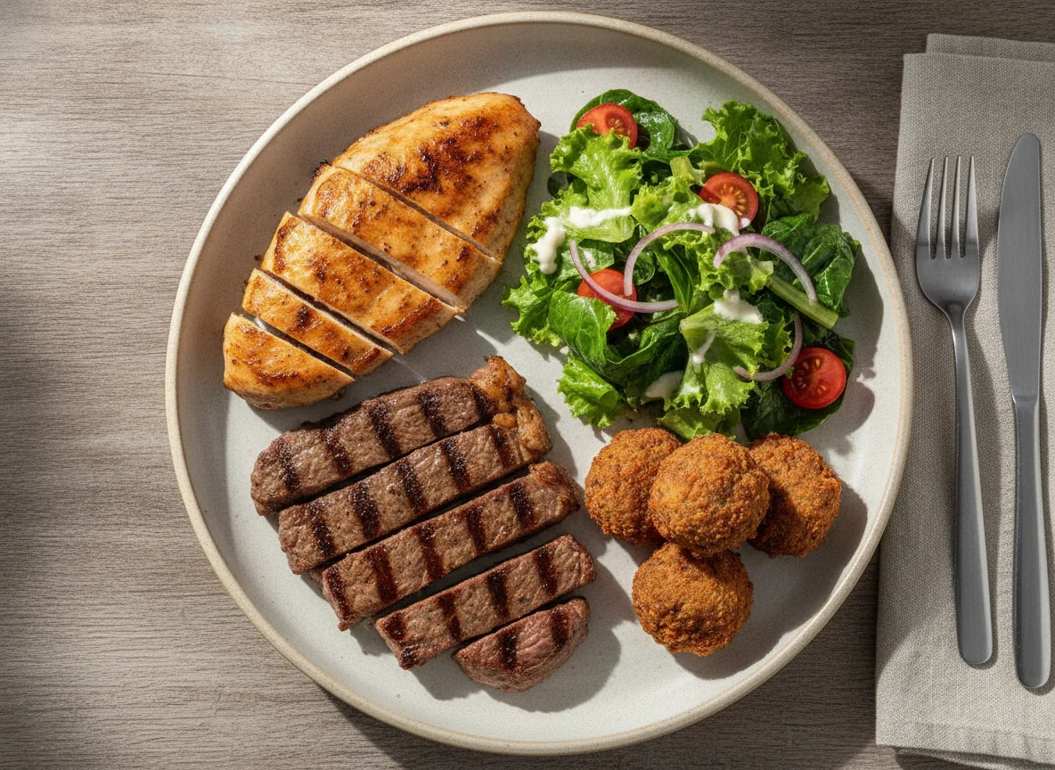 Prato de proteínas com salada e bolinho de carne photo