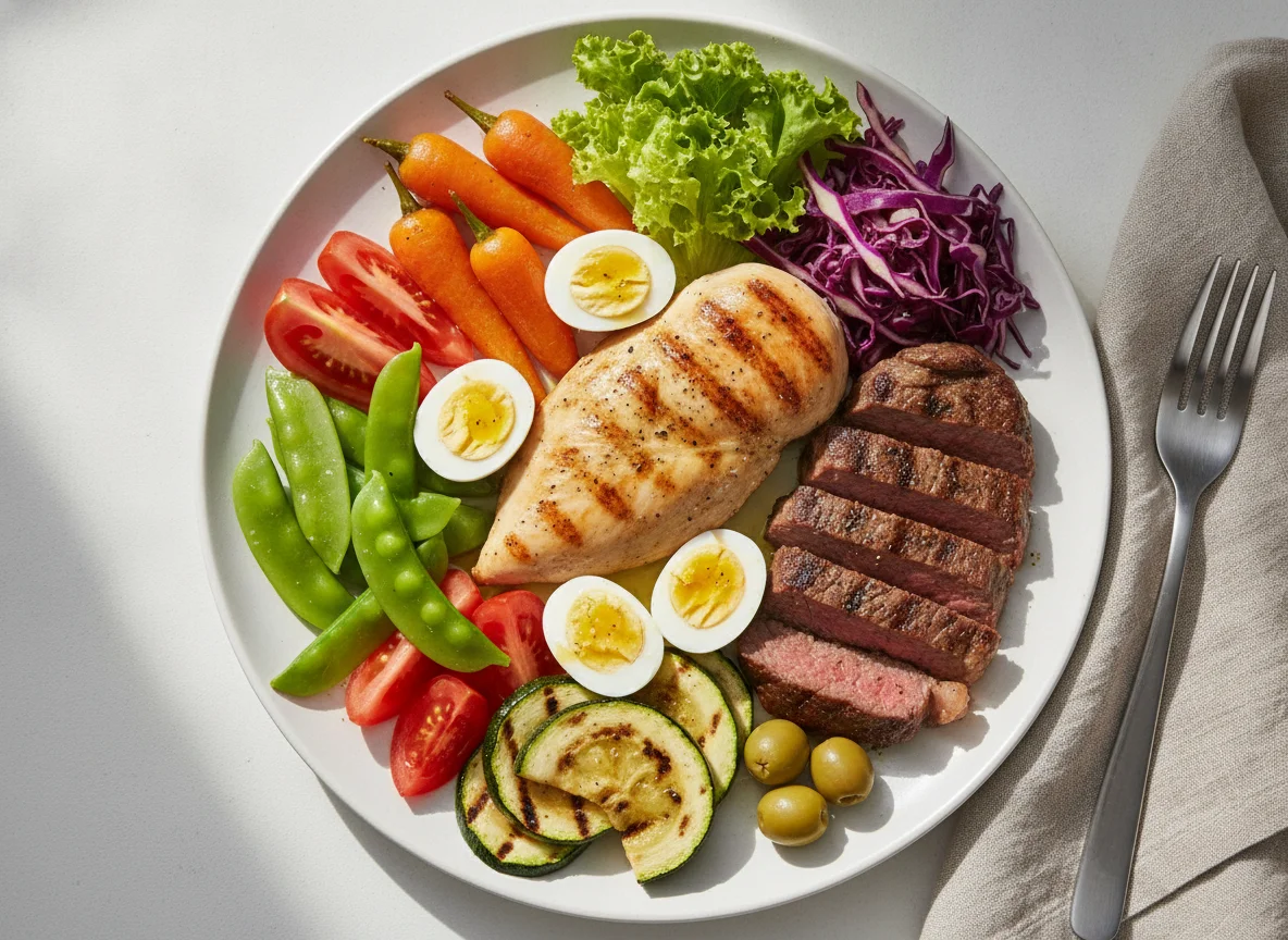 Prato de proteínas com salada e legumes photo