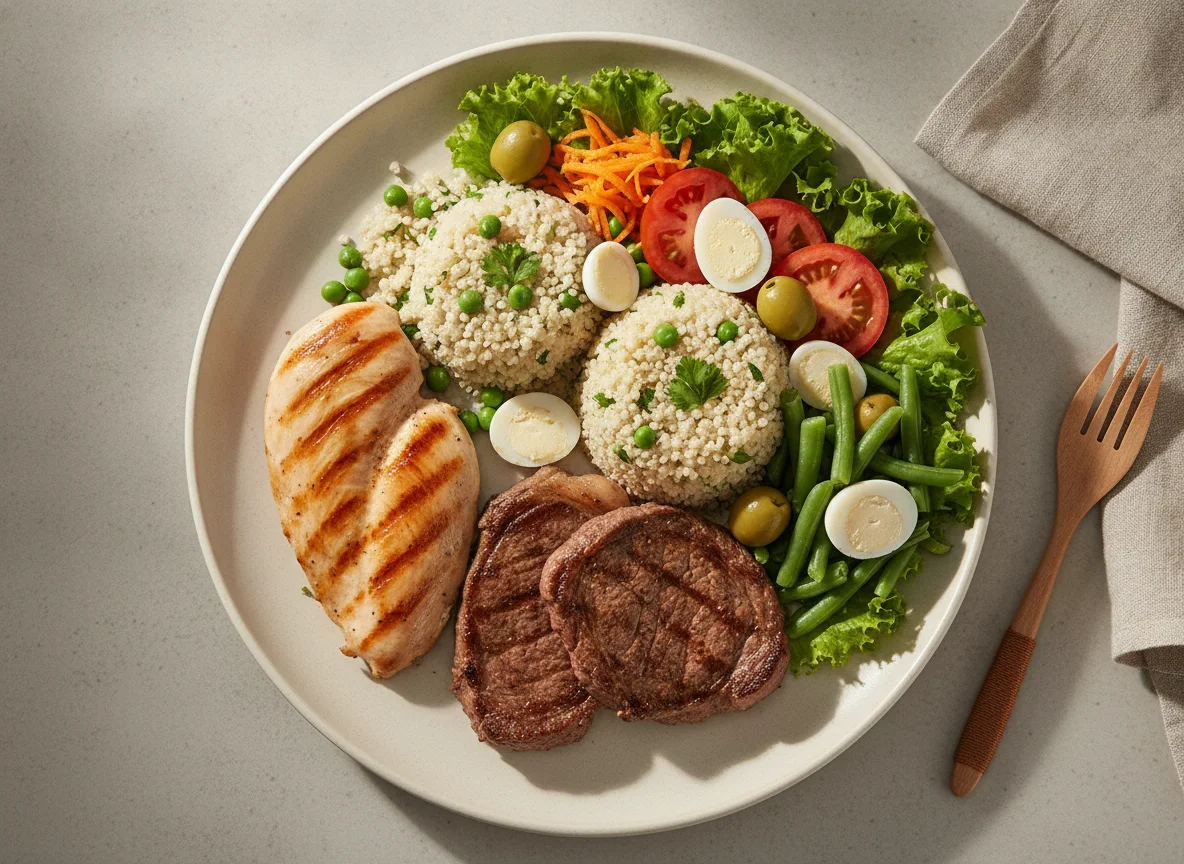Prato de proteínas com salada e quinoa photo
