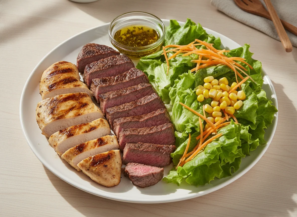 Prato de proteínas com salada photo