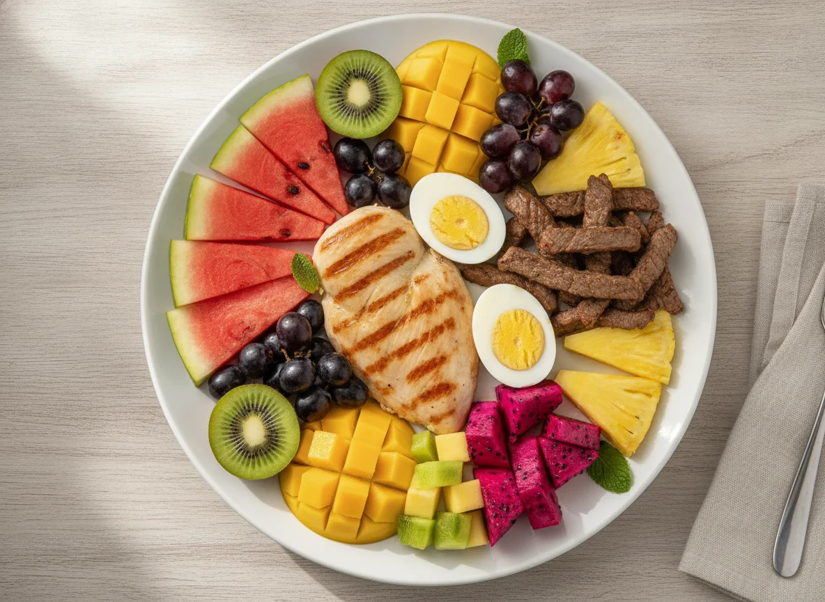 Prato de Proteínas e Frutas Tropicais photo