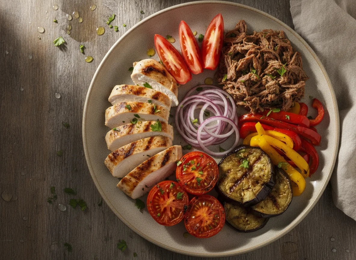 Prato de proteínas e vegetais grelhados photo