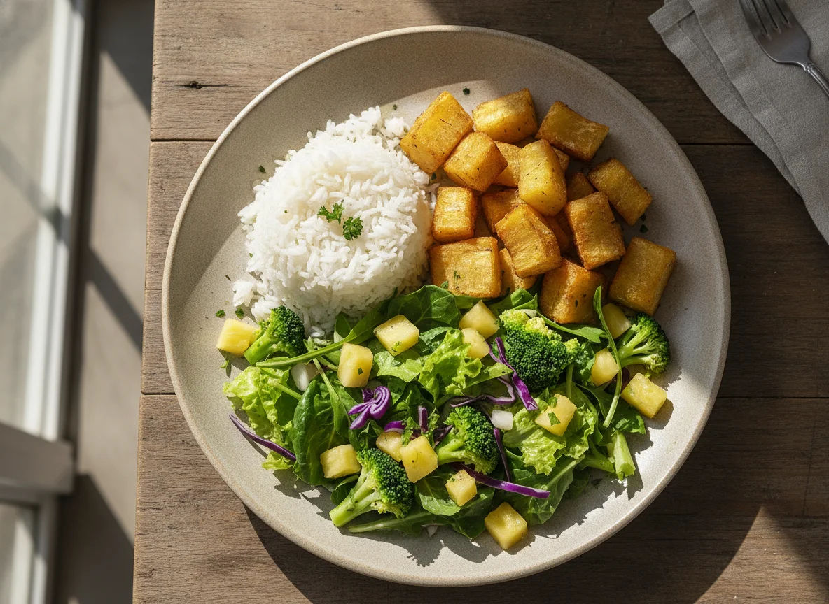 Prato de Salada com Arroz e Mandioca Frita photo