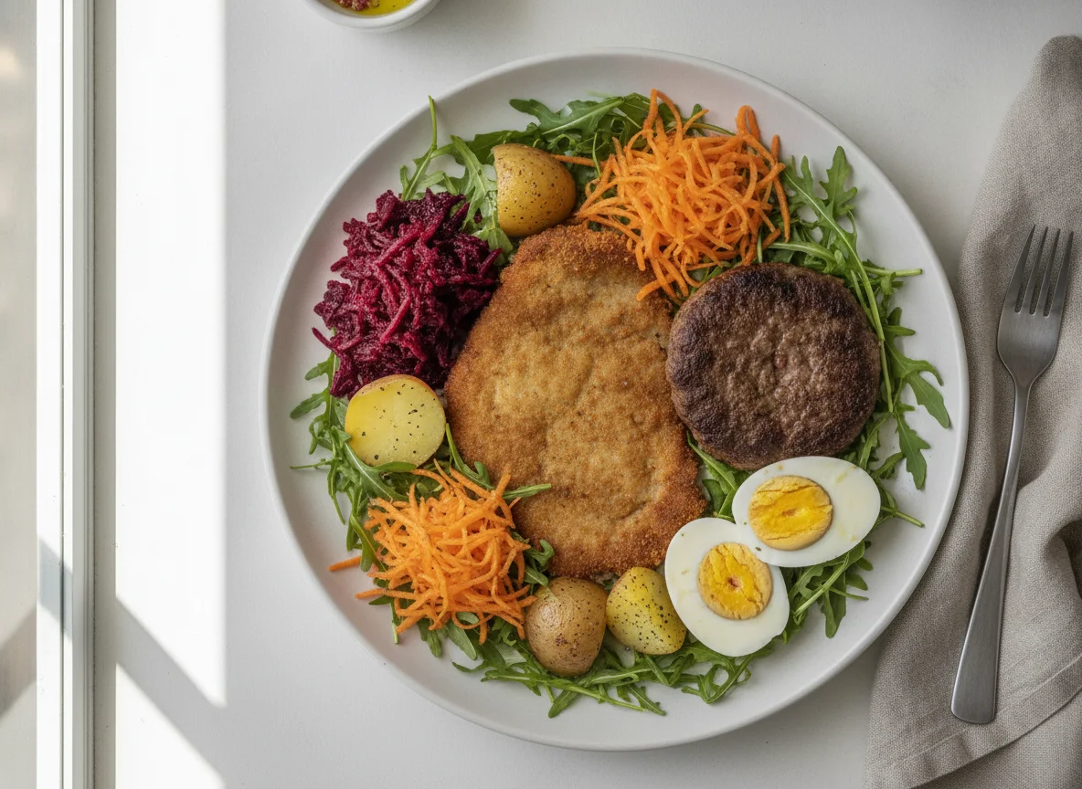 Prato de Salada com Bife a Milanesa, Hambúrguer e Ovo photo