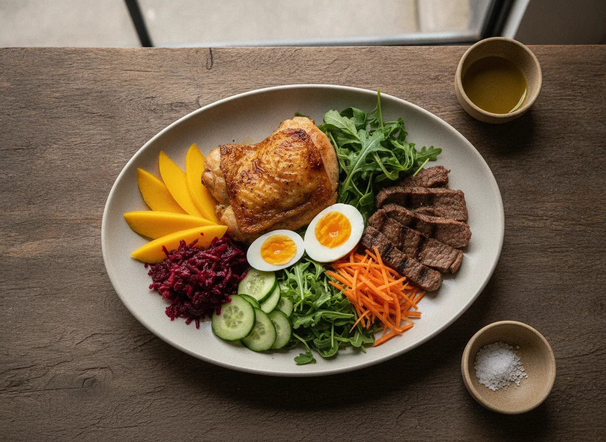 Prato de Salada com Frango, Carne e Ovo photo