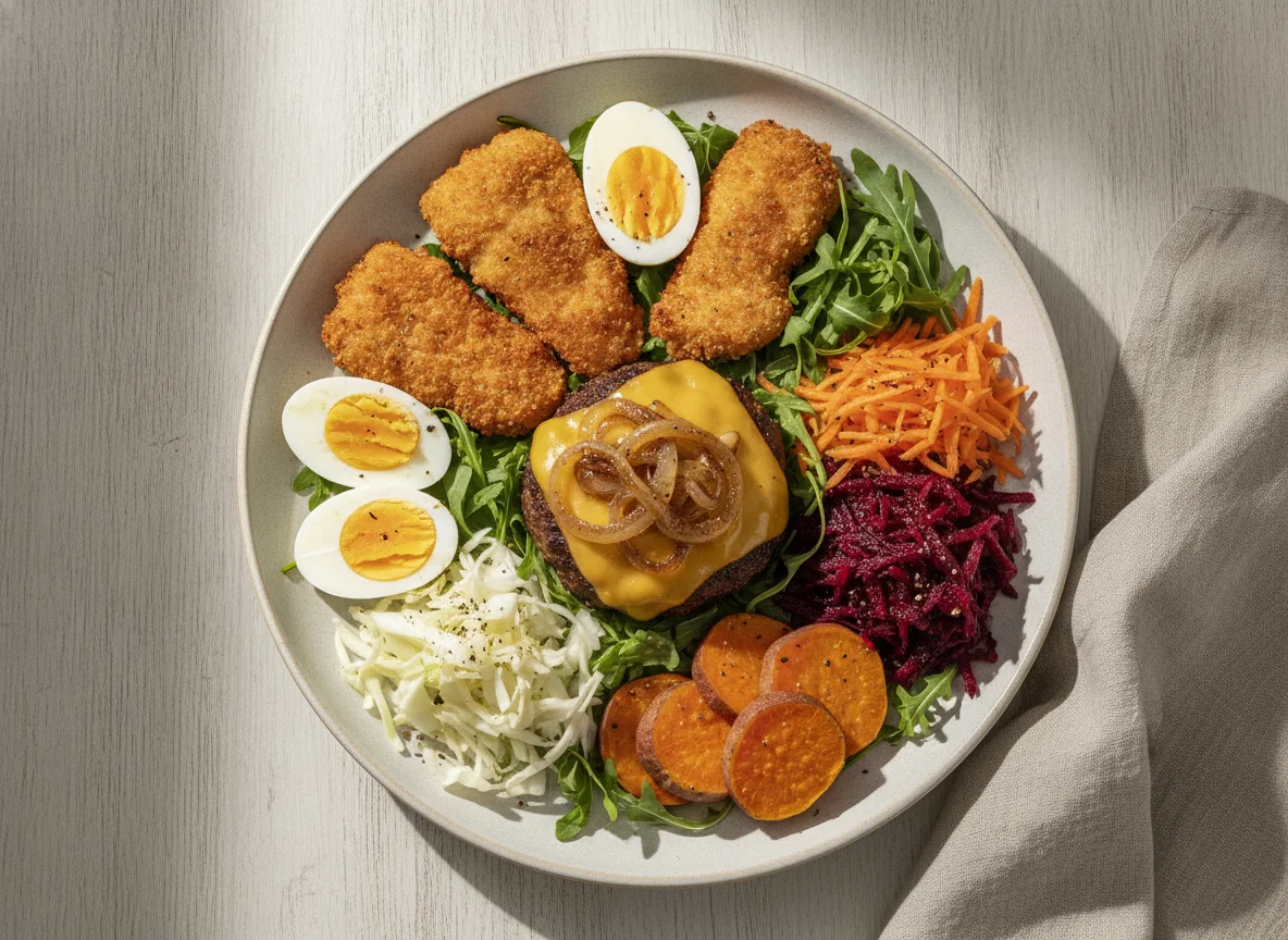 Prato de Salada com Frango Empanado e Meio Hambúrguer photo