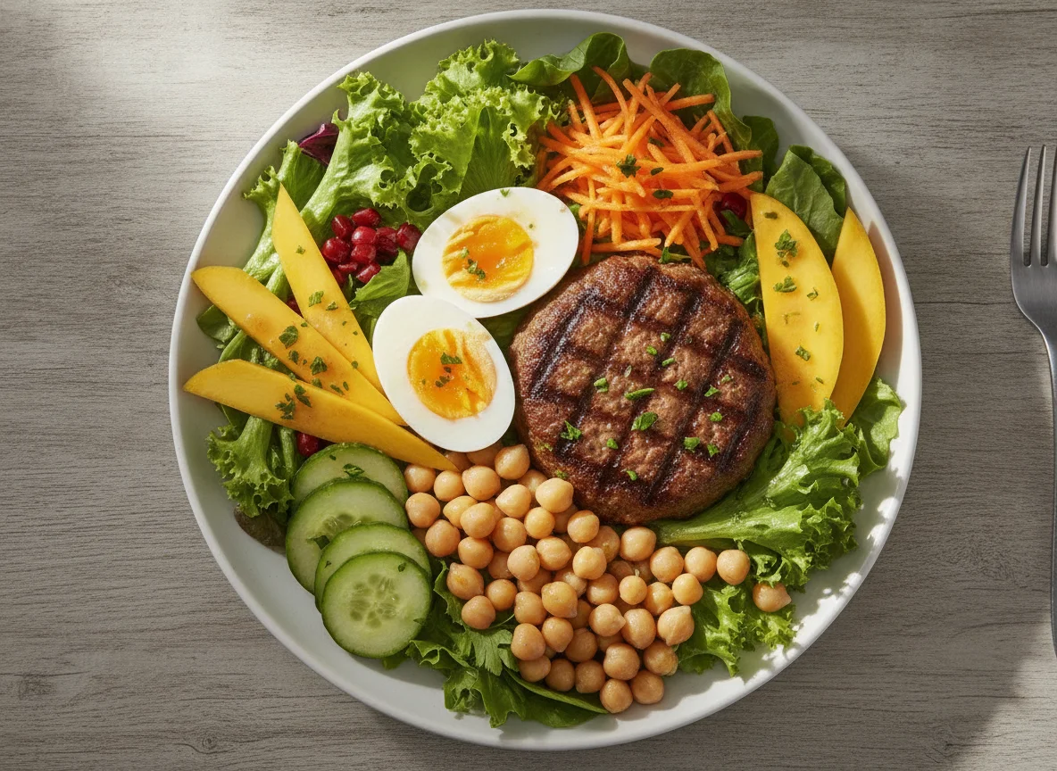 Prato de Salada com Hambúrguer e Ovo photo