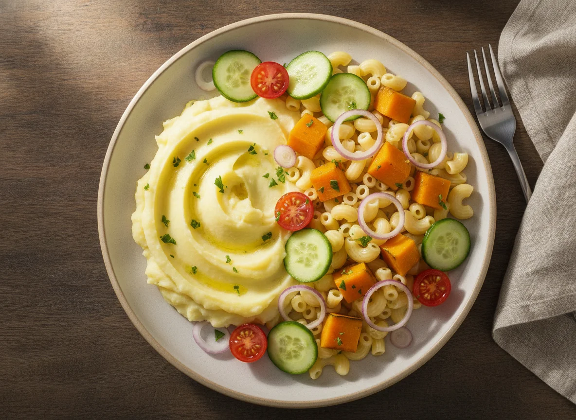 Prato de salada com macarrão e purê photo