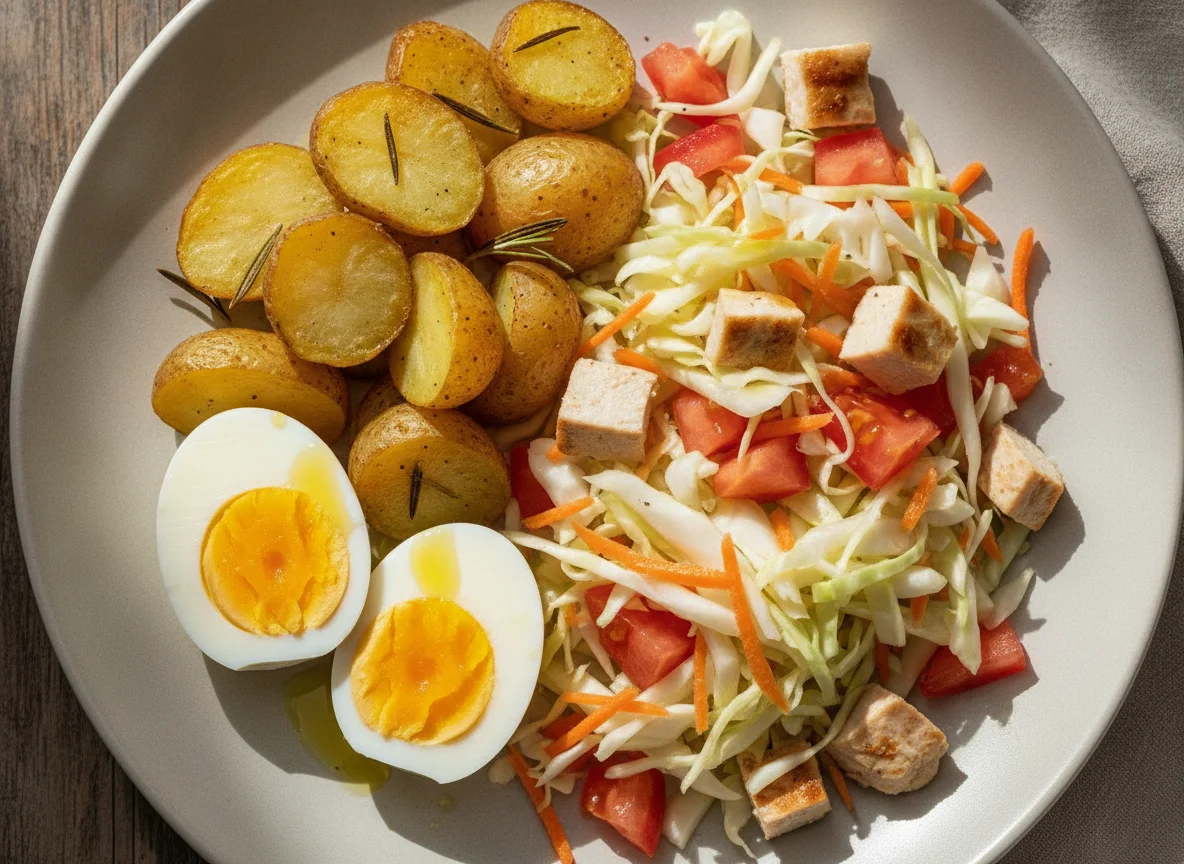 Prato de Salada, Ovo Cozido e Batatas Assadas photo